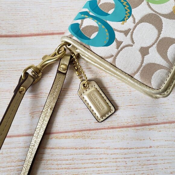 Coach Fabric Leather Logo Wristlet Wallet Metallic Gold Tan Fun Print - Picture 7 of 16